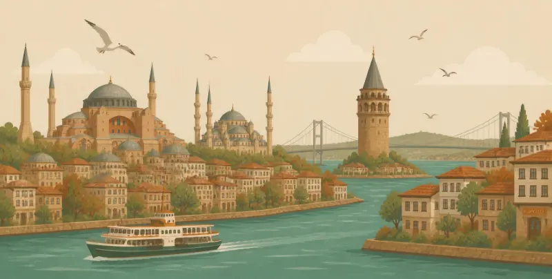 İstanbul: Galata Kulesi, Kız Kulesi, Boğaz silüeti